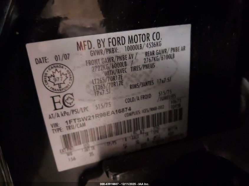 2008 Ford F-250 Fx4/Harley-Davidson/King Ranch/Lariat/Xl/Xlt VIN: 1FTSW21R98EA16874 Lot: 43916607