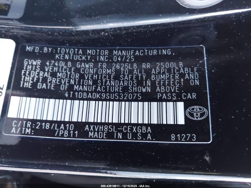 2025 Toyota Camry Xle VIN: 4T1DBADK9SU532075 Lot: 43916611