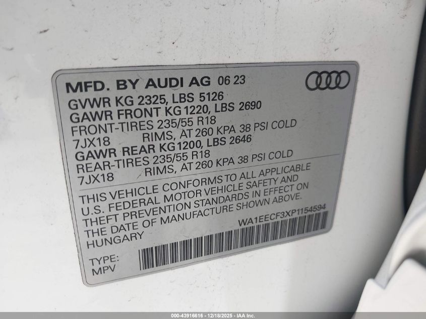 2023 Audi Q3 Premium Plus 45 Tfsi S Line Quattro Tiptronic VIN: WA1EECF3XP1154594 Lot: 43916616