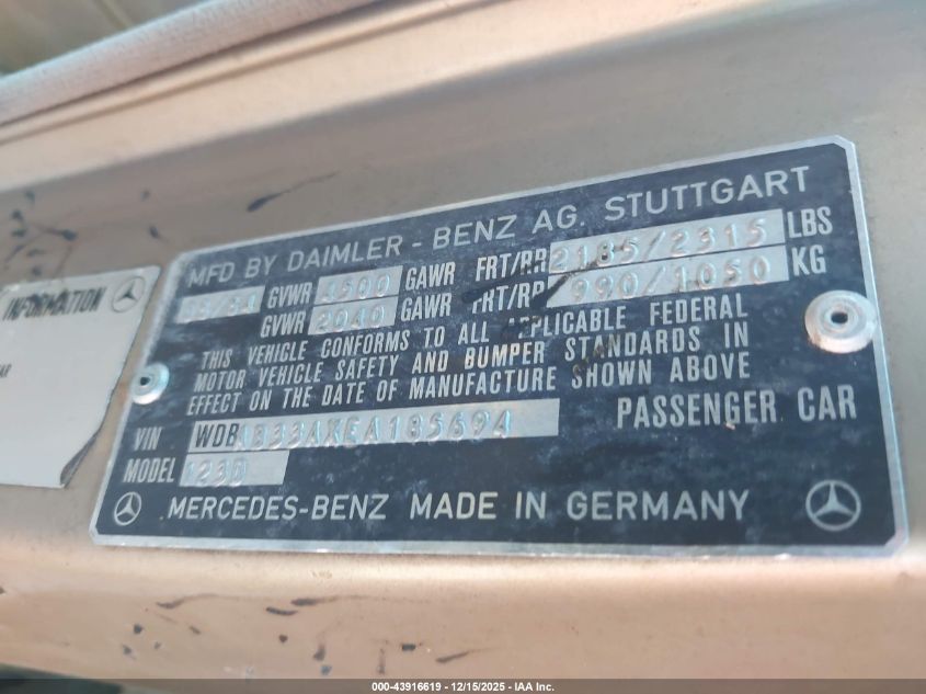 1984 Mercedes-Benz 300 Dt VIN: WDBAB33AXEA185694 Lot: 43916619