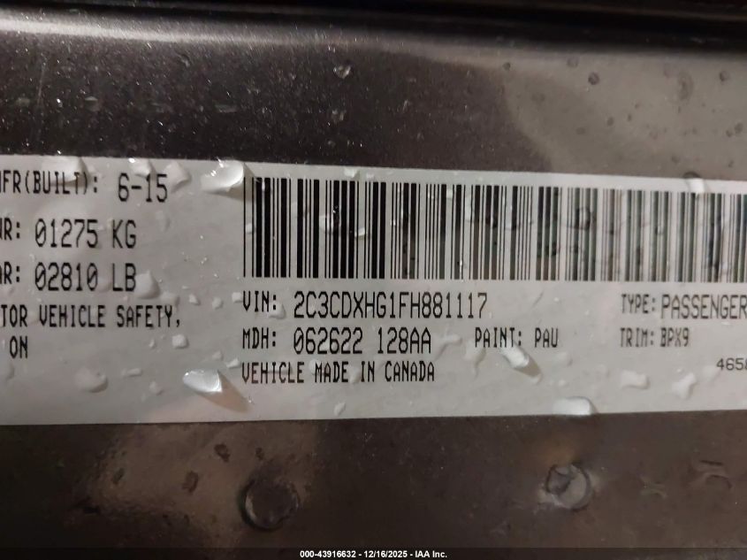 2015 Dodge Charger Sxt VIN: 2C3CDXHG1FH881117 Lot: 43916632