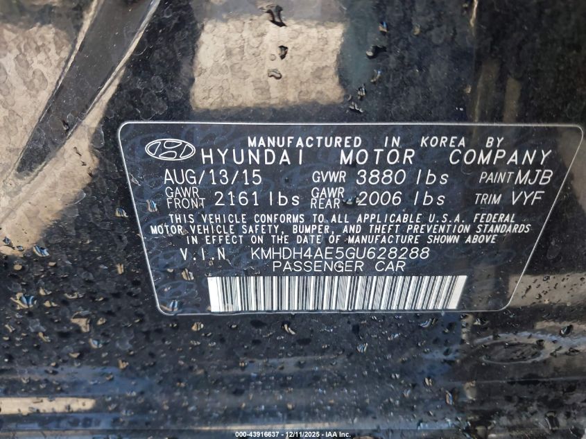 2016 Hyundai Elantra Se VIN: KMHDH4AE5GU628288 Lot: 43916637