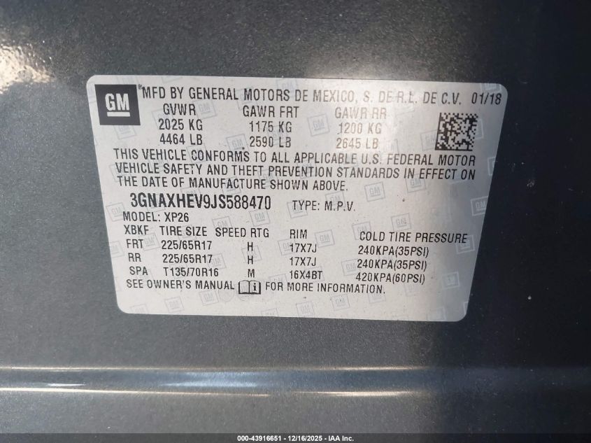 2018 Chevrolet Equinox Ls VIN: 3GNAXHEV9JS588470 Lot: 43916651