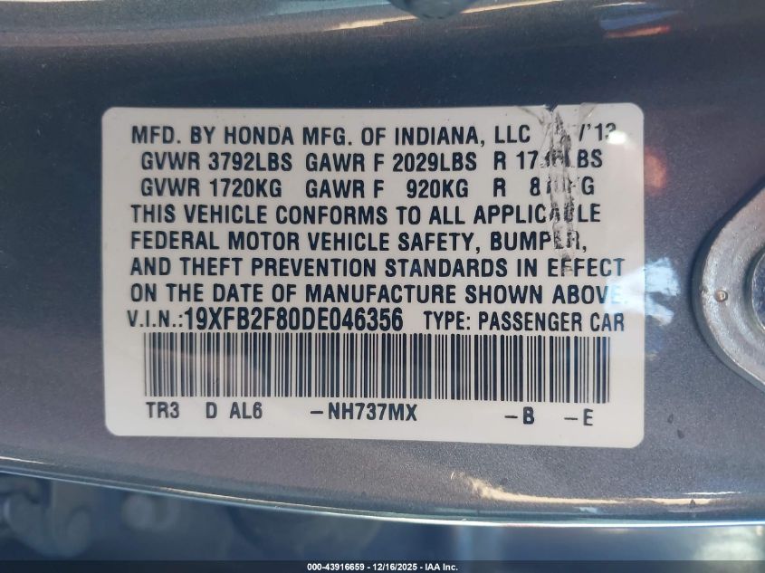 2013 Honda Civic Ex VIN: 19XFB2F80DE046356 Lot: 43916659