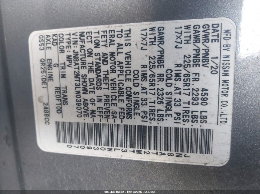 2020 Nissan Rogue Sv Fwd VIN: JN8AT2MT3LW039070 Lot: 43916662