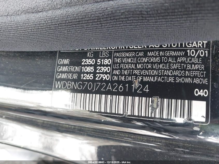 2002 Mercedes-Benz S 430 VIN: WDBNG70J72A261124 Lot: 43916663