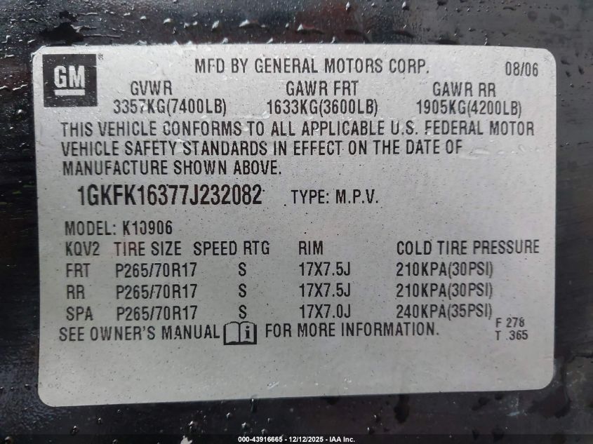 2007 Cadillac Escalade Standard VIN: 1GYFK63817R206887 Lot: 43916665
