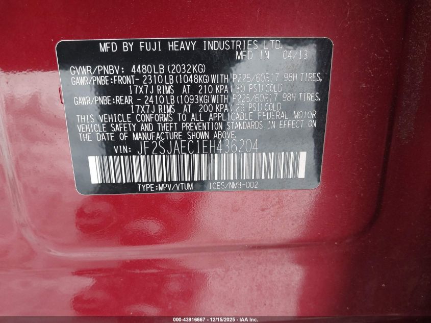 2014 Subaru Forester VIN: JF25SJAEC1EH43620 Lot: 43916667