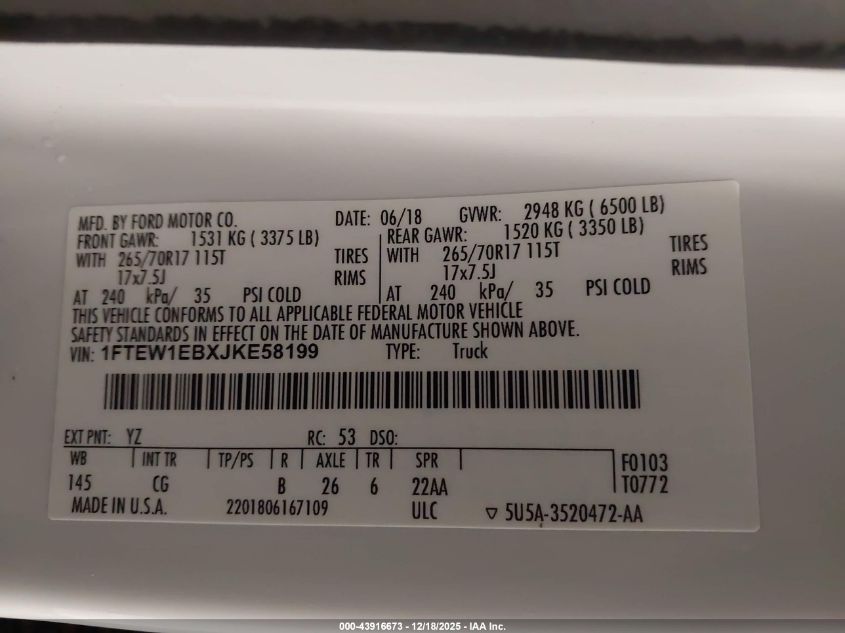 2018 Ford F-150 Xl VIN: 1FTEW1EBXJKE58199 Lot: 43916673