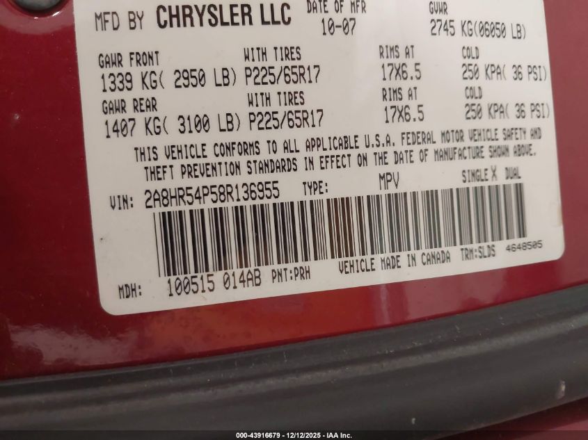 2008 Chrysler Town & Country Touring VIN: 2A8HR54P58R136955 Lot: 43916679