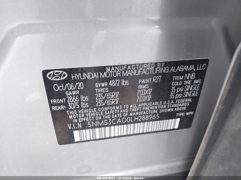 2020 Hyundai Santa Fe Sel VIN: 5NMS3CAD0LH288965 Lot: 43916681
