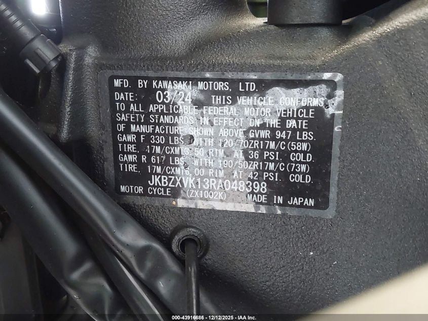2024 Kawasaki Zx1002 K VIN: JKBZXVK13RA048398 Lot: 43916686