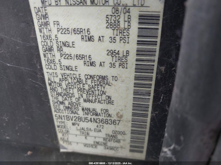2004 Nissan Quest 3.5 S VIN: 5N1BV28U54N368367 Lot: 43916688