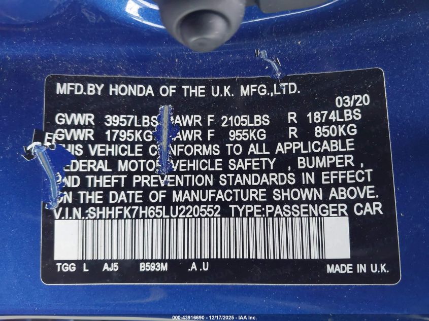 2020 Honda Civic Ex VIN: SHHFK7H65LU220552 Lot: 43916690