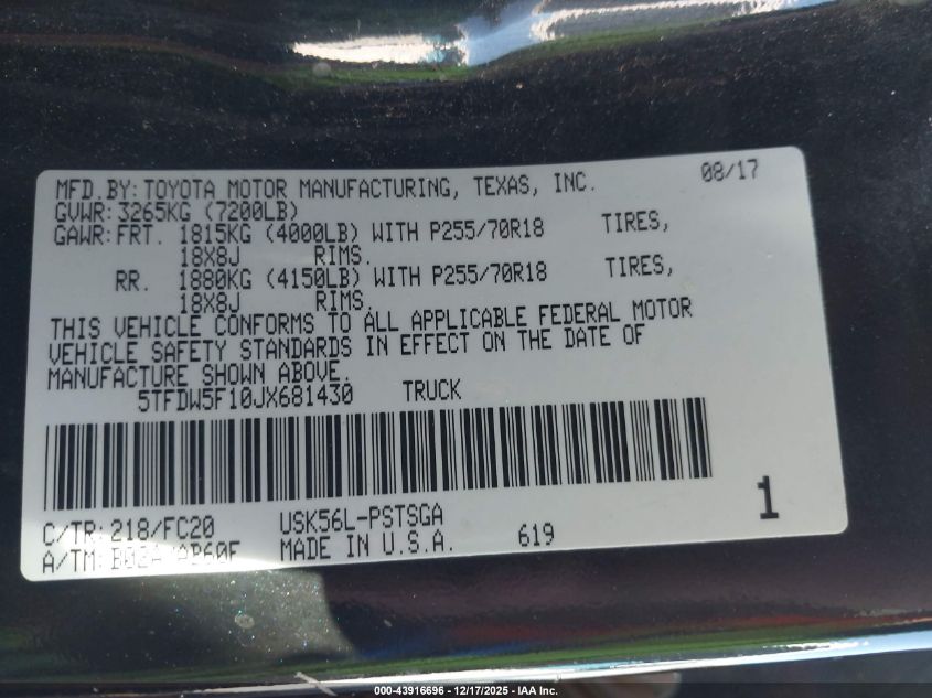 2018 Toyota Tundra Sr5 5.7L V8 VIN: 5TFDW5F10JX681430 Lot: 43916696