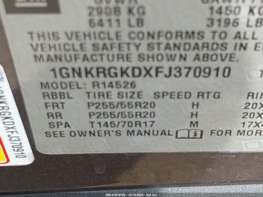 2015 Chevrolet Traverse 1Lt VIN: 1GNKRGKDXFJ370910 Lot: 43916700