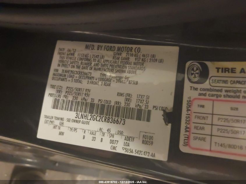 2012 Lincoln Mkz VIN: 3LNHL2GC2CR836673 Lot: 43916702