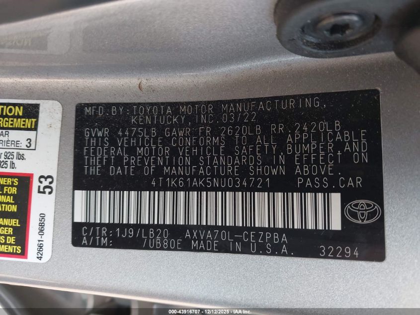 2022 Toyota Camry Xse VIN: 4T1K61AK5NU034721 Lot: 43916707