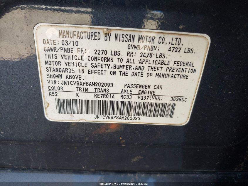 2010 Infiniti G37 Journey VIN: JN1CV6AP8AM202093 Lot: 43916712