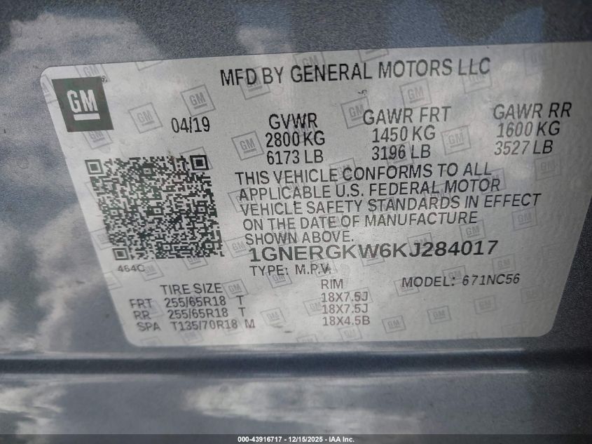 2019 Chevrolet Traverse 1Lt VIN: 1GNERGKW6KJ284017 Lot: 43916717