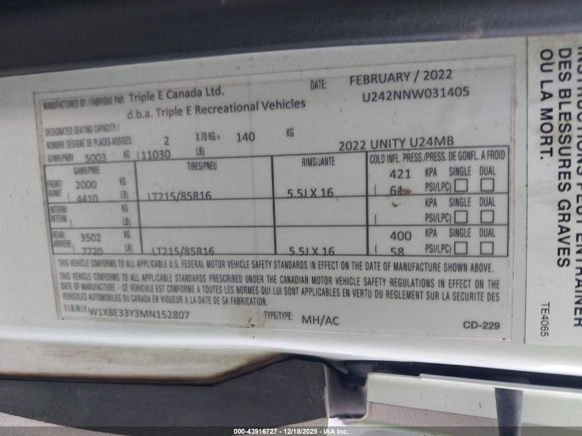 2021 Mercedes-Benz Sprinter 3500Xd Standard Roof V6 VIN: W1X8E33Y3MN152807 Lot: 43916727