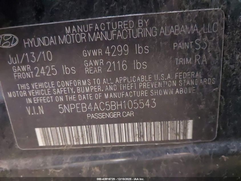 2011 Hyundai Sonata Gls VIN: 5NPEB4AC5BH105543 Lot: 43916729