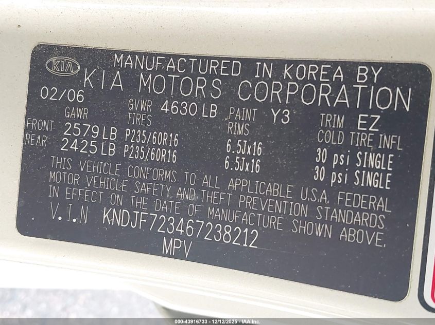 2006 Kia Sportage Ex V6/Lx V6 VIN: KNDJF723467238212 Lot: 43916733