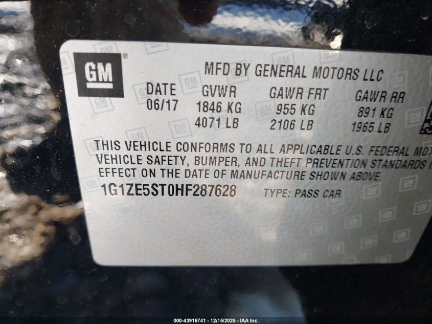 2017 Chevrolet Malibu 1Lt VIN: 1G1ZE5ST0HF287628 Lot: 43916741