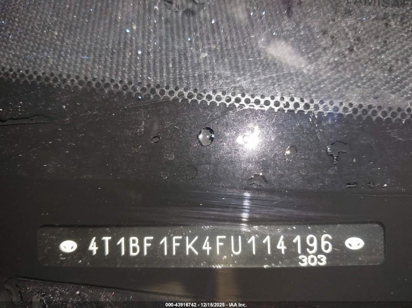 2015 Toyota Camry Se VIN: 4T1BF1FK4FU114196 Lot: 43916742