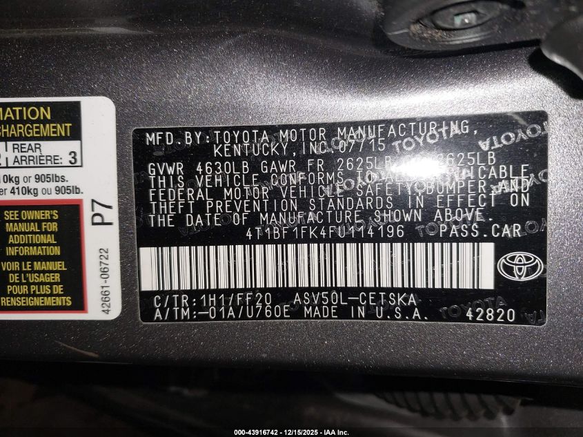 2015 Toyota Camry Se VIN: 4T1BF1FK4FU114196 Lot: 43916742