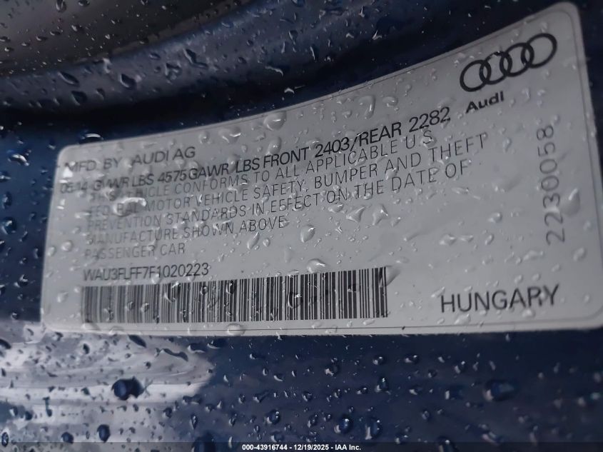 2015 Audi A3 2.0T Premium VIN: WAU3FLFF7F1020223 Lot: 43916744