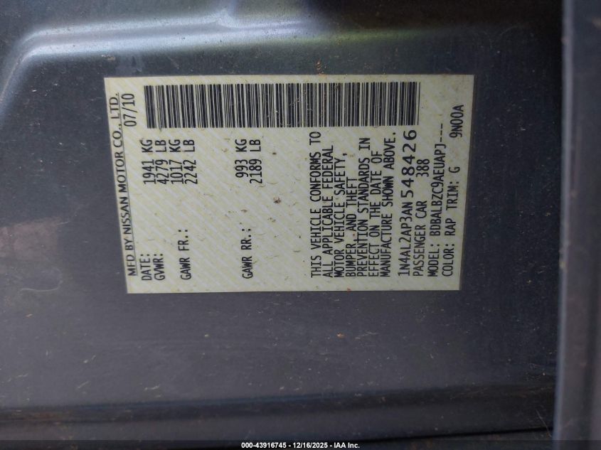 2010 Nissan Altima 2.5 S VIN: 1N4AL2AP3AN548426 Lot: 43916745