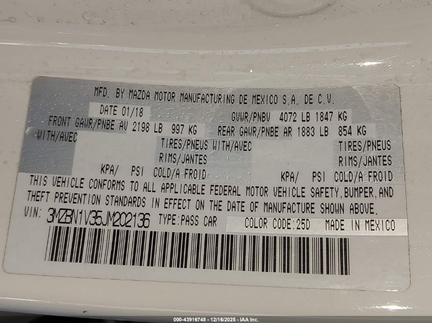 2018 Mazda Mazda3 Touring VIN: 3MZBN1V35JM202136 Lot: 43916748