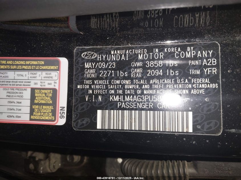 2023 Hyundai Elantra Sel VIN: KMHLM4AG3PU583697 Lot: 43916751