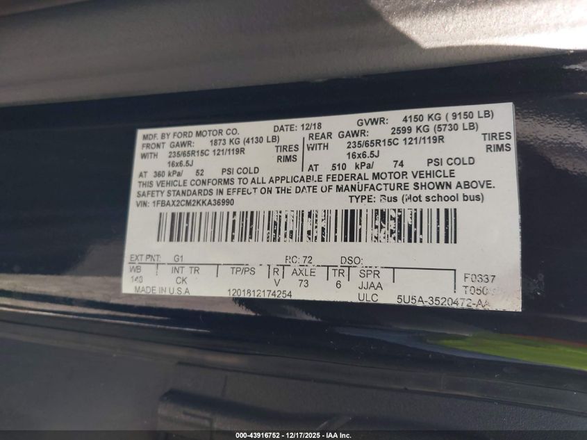 2019 Ford Transit-350 Xl/Xlt VIN: 1FBAX2CM2KKA36990 Lot: 43916752