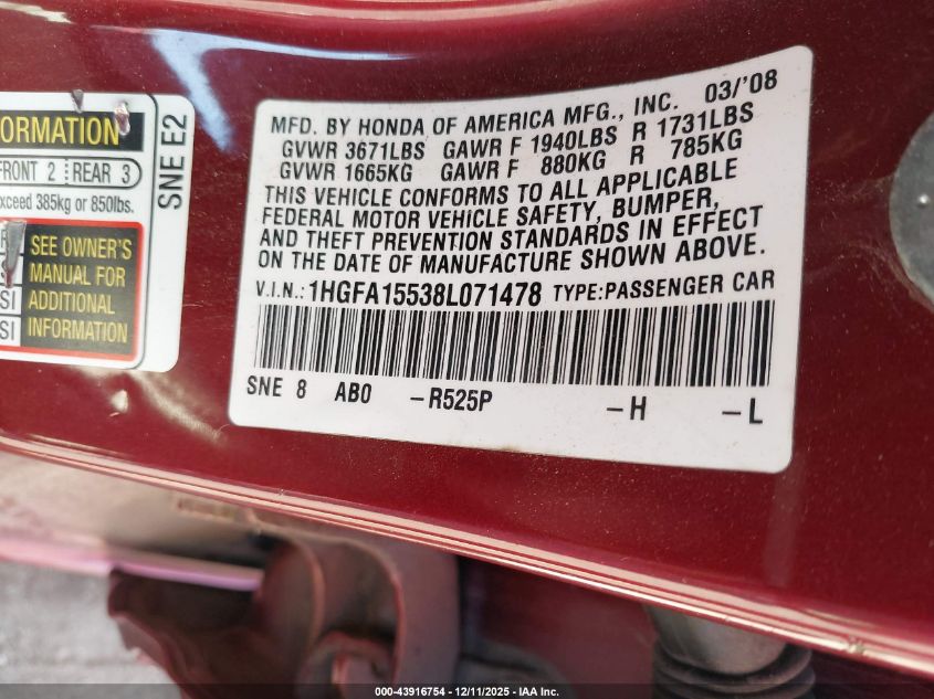 2008 Honda Civic Lx VIN: 1HGFA15538L071478 Lot: 43916754