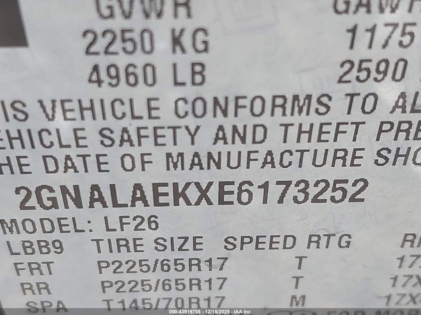 2014 Chevrolet Equinox Ls VIN: 2GNALAEKXE6173252 Lot: 43916755