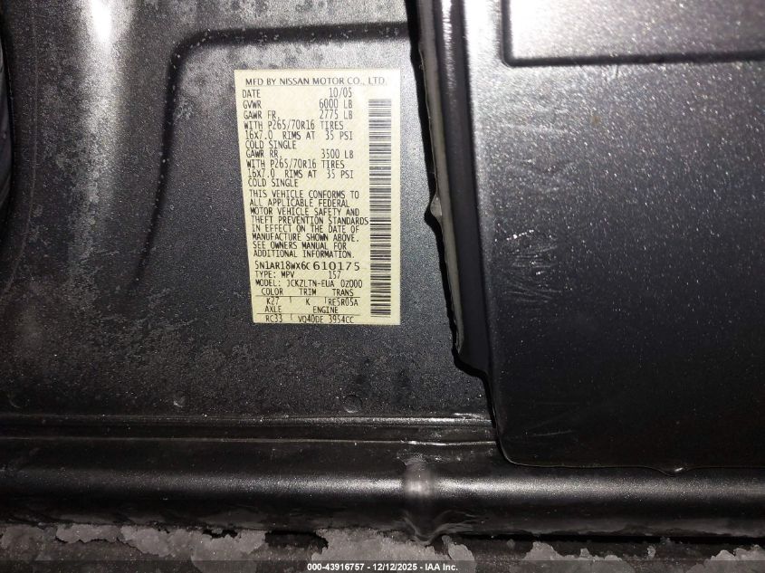 2006 Nissan Pathfinder Se VIN: 5N1AR18WX6C610175 Lot: 43916757