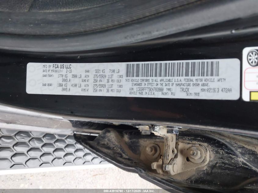 2019 Ram 1500 Big Horn/Lone Star 4X4 5'7 Box VIN: 1C6SRFFT5KN783980 Lot: 43916760