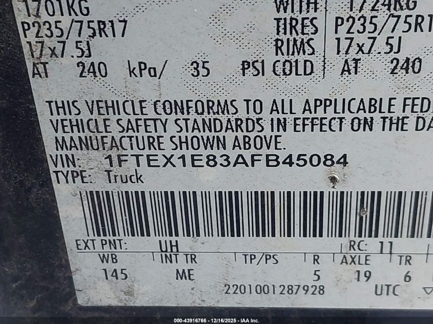 2010 Ford F-150 Stx/Xl/Xlt VIN: 1FTEX1E83AFB45084 Lot: 43916766