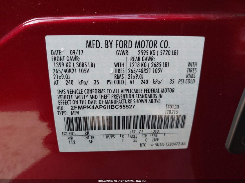 2017 Ford Edge Sport VIN: 2FMPK4AP6HBC55527 Lot: 43916773