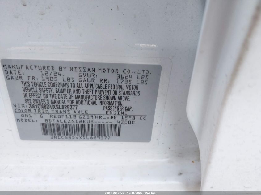 2025 Nissan Versa 1.6 S VIN: 3N1CN8DVXSL829377 Lot: 43916779