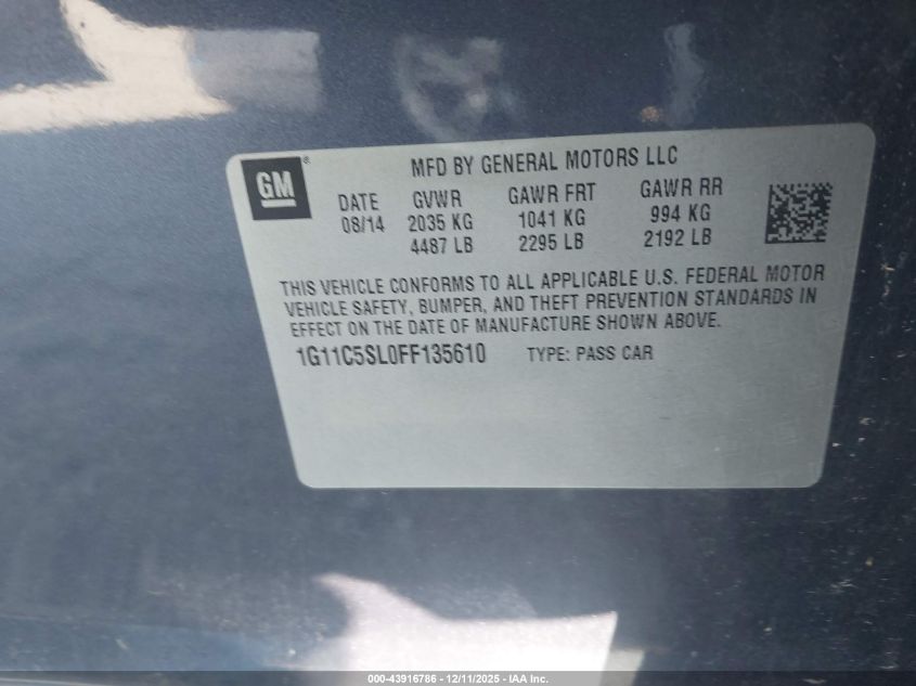 2015 Chevrolet Malibu 1Lt VIN: 1G11C5SL0FF135610 Lot: 43916786
