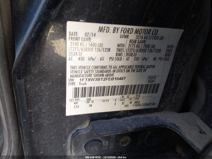 2015 Ford F-350 Lariat VIN: 1FT8W3BT2FEB10487 Lot: 43916787