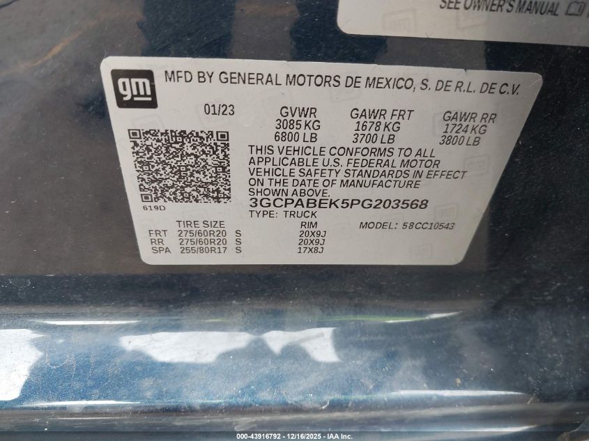 2023 Chevrolet Silverado 1500 2Wd Short Bed Custom VIN: 3GCPABEK5PG203568 Lot: 43916792