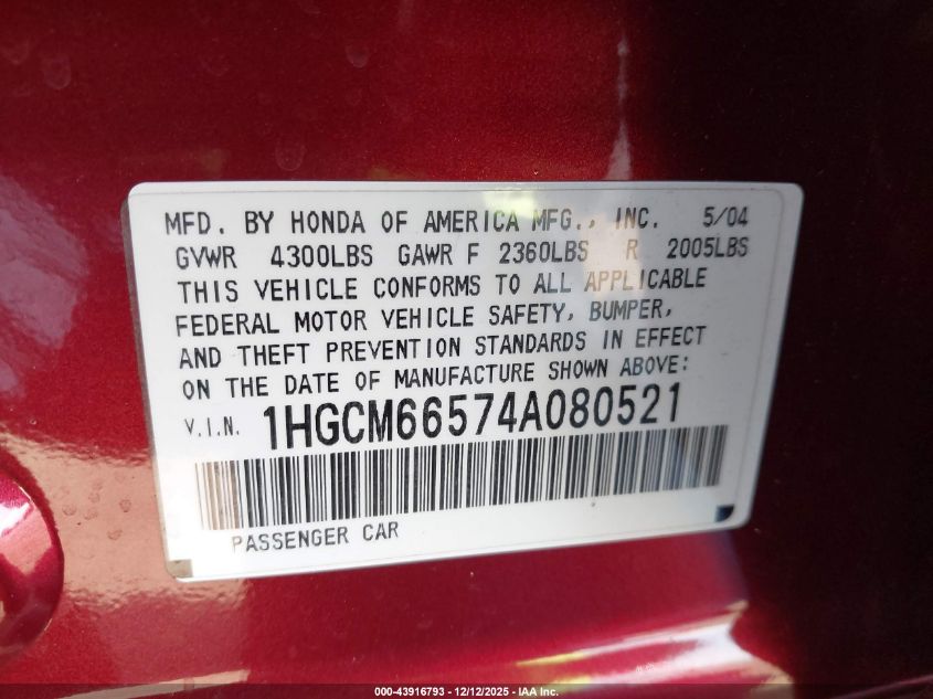 2004 Honda Accord 3.0 Ex VIN: 1HGCM66574A080521 Lot: 43916793