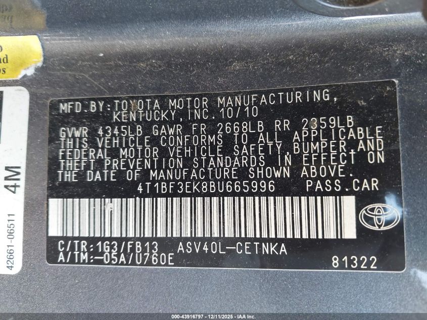 2011 Toyota Camry Le VIN: 4T1BF3EK8BU665996 Lot: 43916797