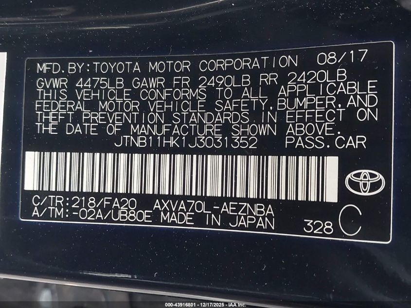 2018 Toyota Camry Le VIN: JTNB11HK1J3031352 Lot: 43916801