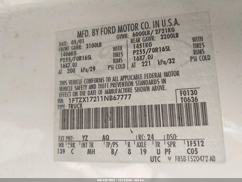 2001 Ford F-150 Xl/Xlt VIN: 1FTZX17211NB67777 Lot: 43916802