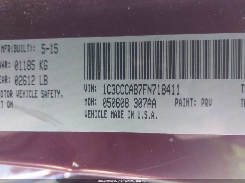 2015 Chrysler 200 Limited VIN: 1C3CCCAB7FN718411 Lot: 43916805